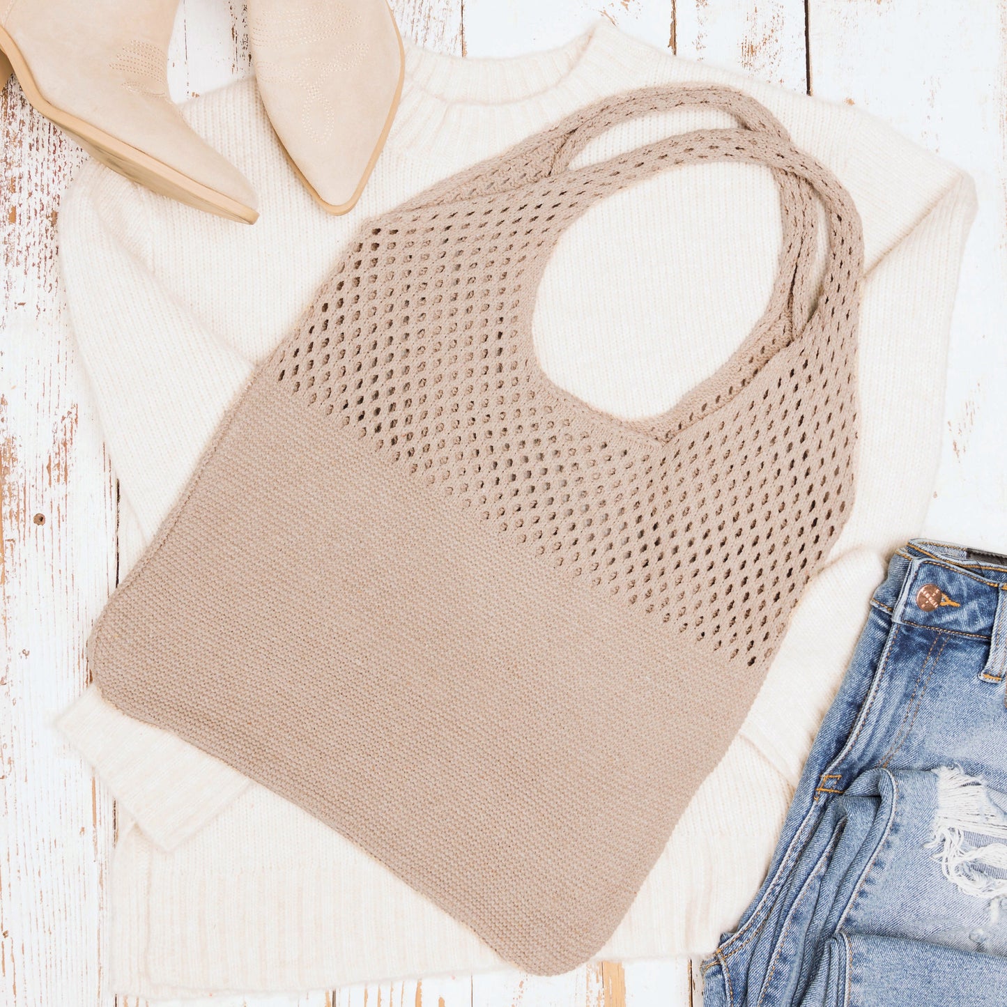 Slouchy Open Knit Hobo Shoulder Bag — Relaxed Woven Festival Tote - Ash Taupe Shoulder Bags