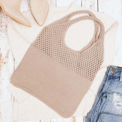 Slouchy Open Knit Hobo Shoulder Bag — Relaxed Woven Festival Tote - Ash Taupe Shoulder Bags