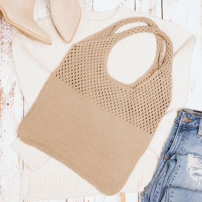 Slouchy Open Knit Hobo Shoulder Bag — Relaxed Woven Festival Tote - Taupe Shoulder Bags