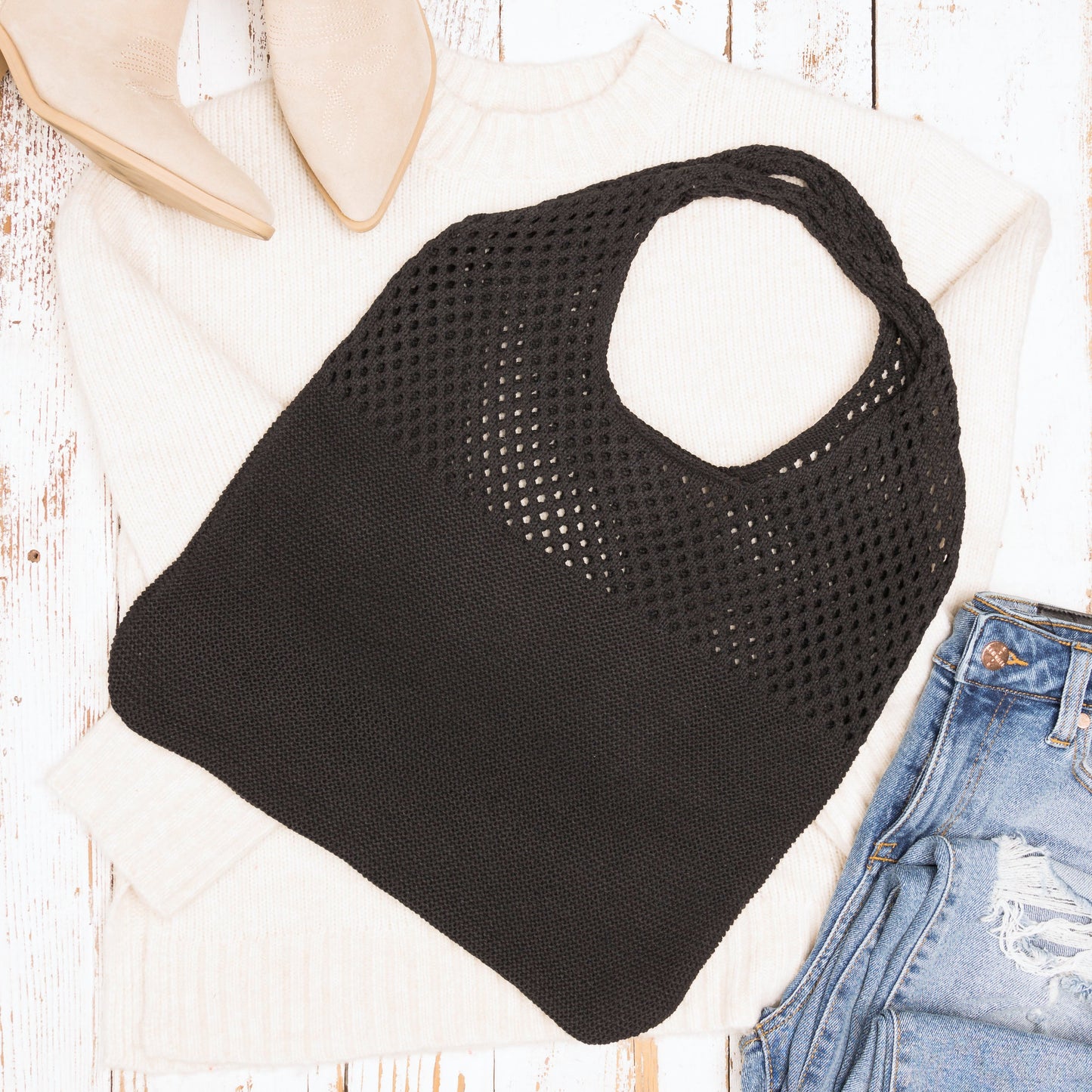 Slouchy Open Knit Hobo Shoulder Bag — Relaxed Woven Festival Tote - Black Shoulder Bags