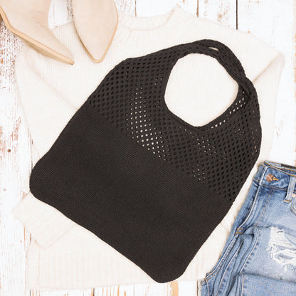 Slouchy Open Knit Hobo Shoulder Bag — Relaxed Woven Festival Tote - Black Shoulder Bags
