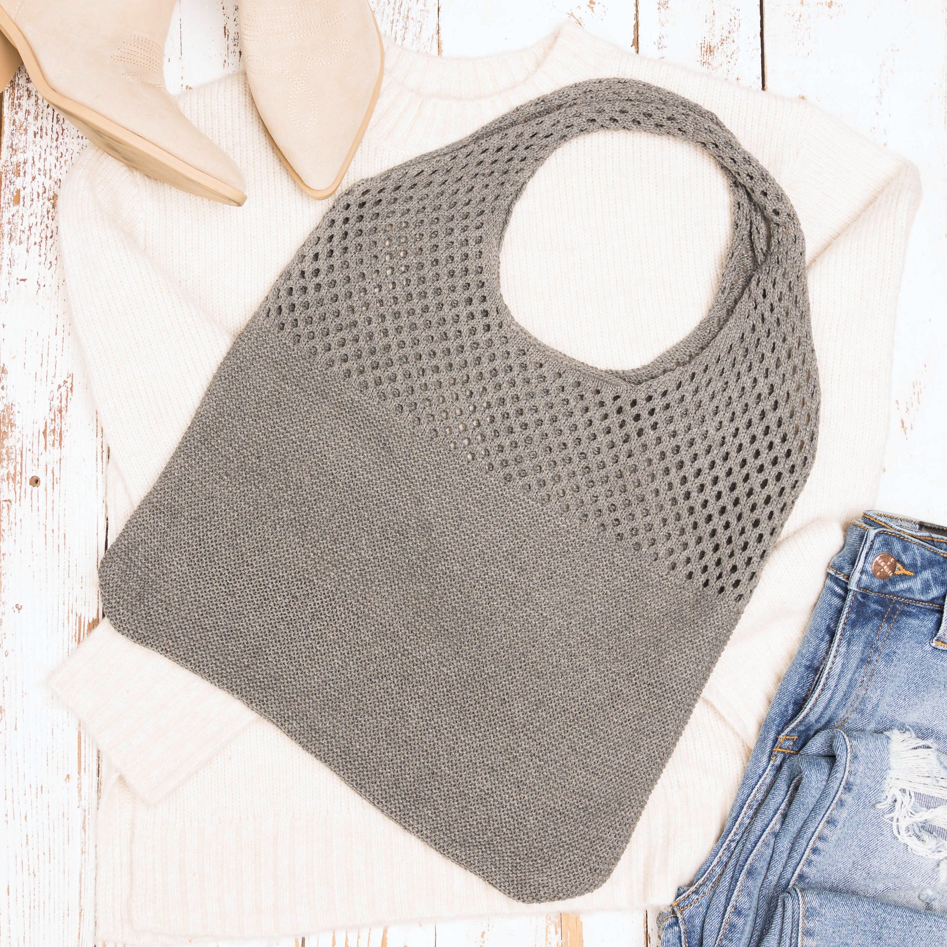 Slouchy Open Knit Hobo Shoulder Bag — Relaxed Woven Festival Tote - Gray Shoulder Bags