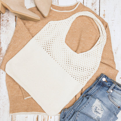 Slouchy Open Knit Hobo Shoulder Bag — Relaxed Woven Festival Tote - Cream Shoulder Bags