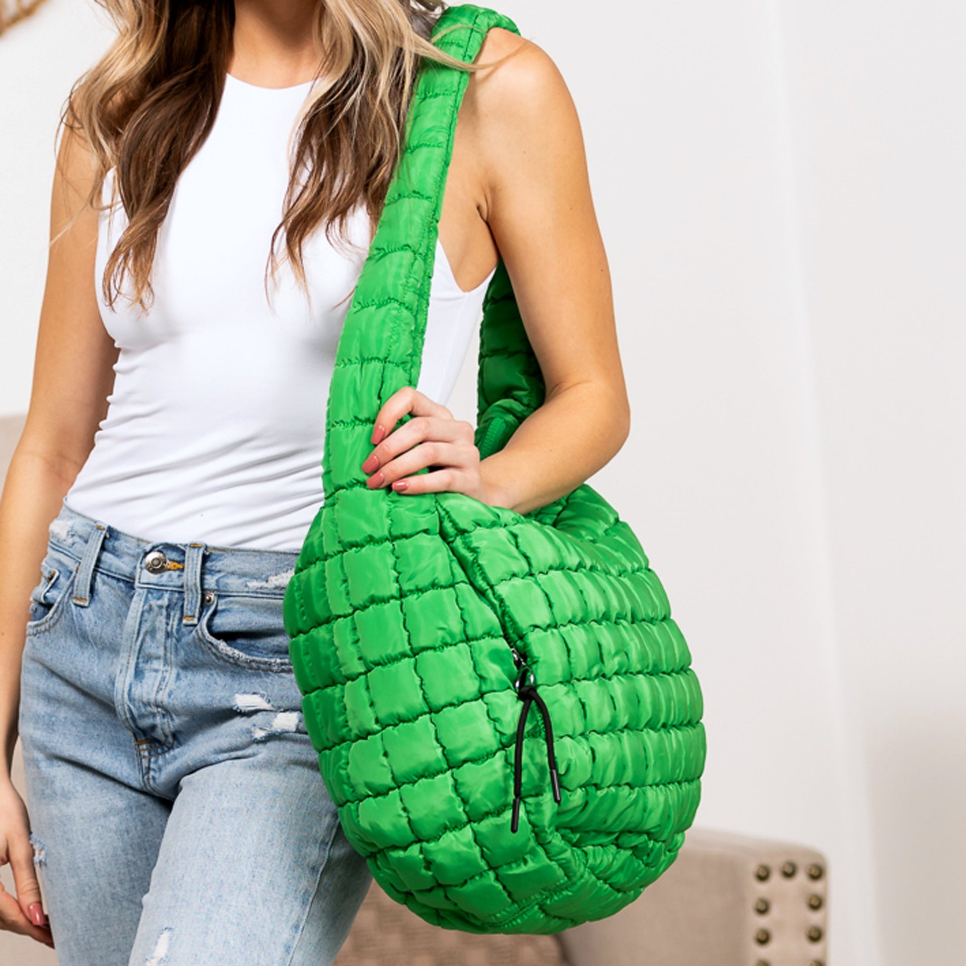 Quilted Puffer Nylon Large Everyday Tote Bag — Functional Spacious Casual Style -