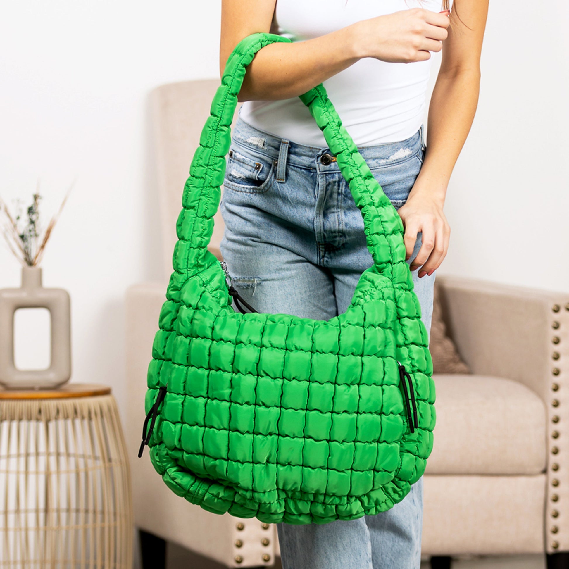 Quilted Puffer Nylon Large Everyday Tote Bag — Functional Spacious Casual Style -