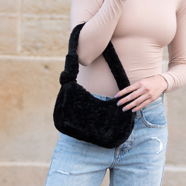 Faux Fur Plush Mini Shoulder Bag — Gold Hardware Top Zip Closure - Shoulder Bags
