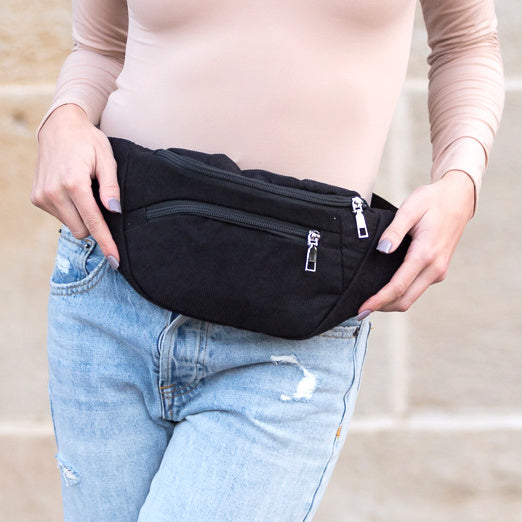 Corduroy Dual-Wear Crossbody Sling Belt Bum Bag — Organized Everyday Casual Style - Black