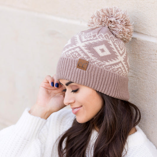 Aztec Knit Pom Pom Beanie