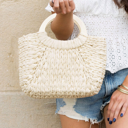 100% Straw Natural Wood Handle Drawstring Woven Tote Bag — Boho Casual Everyday Style -