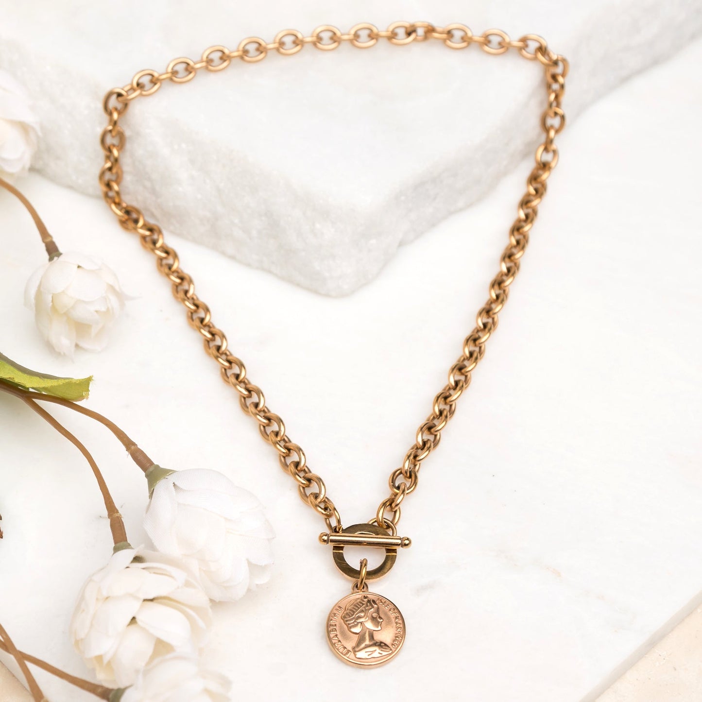Coin Accent Chain Necklace - Rose gold