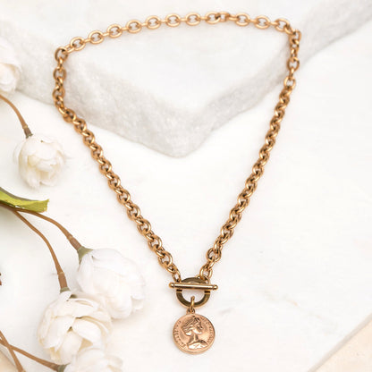 Coin Accent Chain Necklace - Rose gold