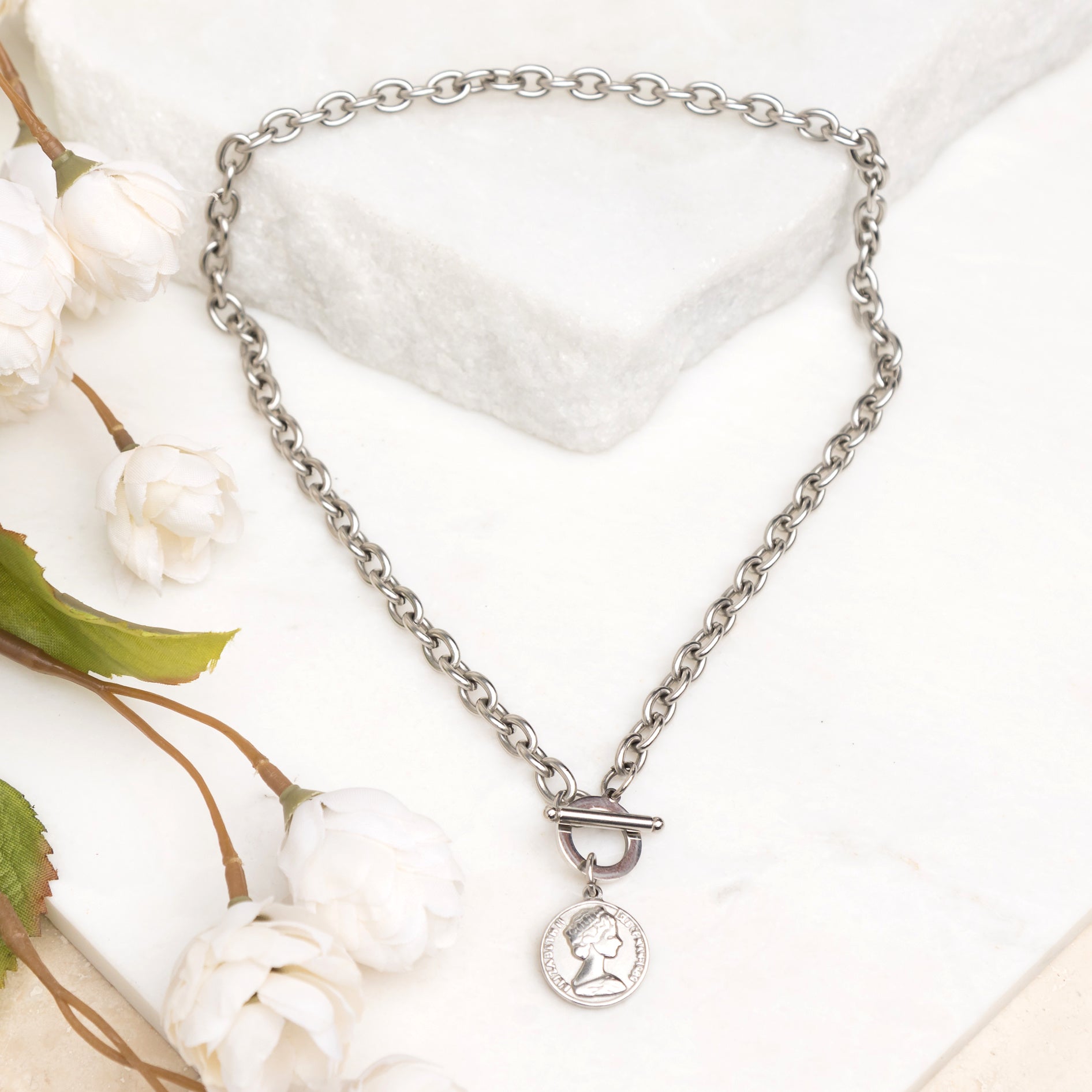 Coin Accent Chain Necklace - Silver
