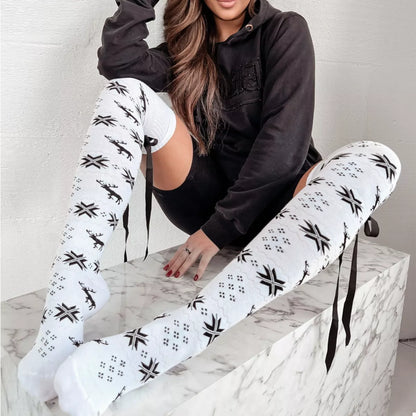 Christmas Bow Cotton Knee-High Socks White One Size