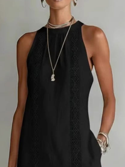 Women's Side Slit Sleeveless Hollow Out Trimmed Midi Dress - Midi Dresses