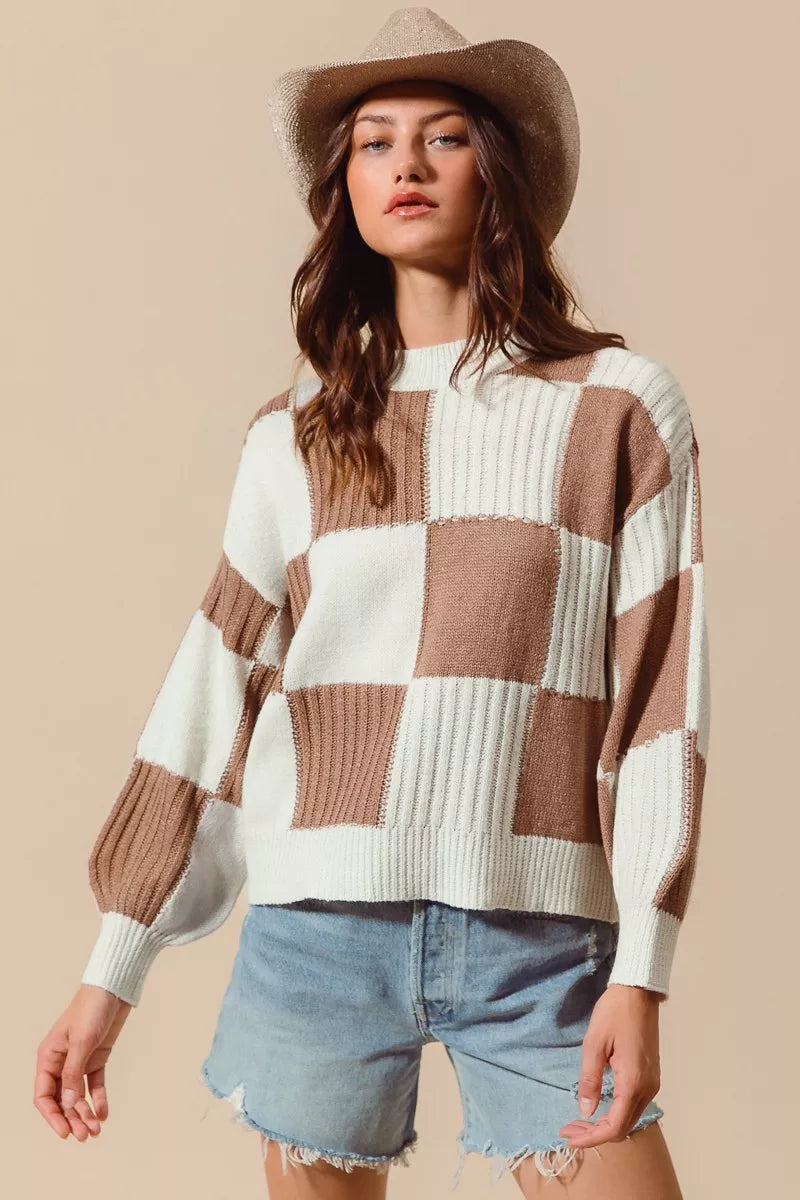 Ribbed Color Block Checkered Plaid Sweater - Sweaters