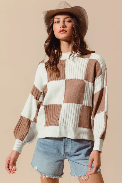 Ribbed Color Block Checkered Plaid Sweater - Sweaters