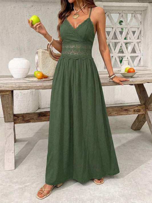 Women's Lace Trim Spaghetti Strap Maxi Dress Sage