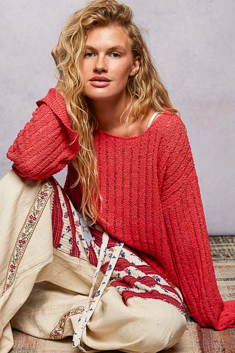Round Neck Long Sleeve Open Weave Sweater - Sweaters