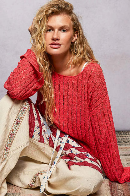 Round Neck Long Sleeve Open Weave Sweater - Sweaters