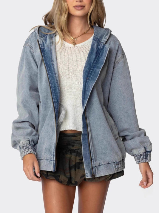 Hooded Oversized Zip Up Denim Jacket - Light Blue Jackets