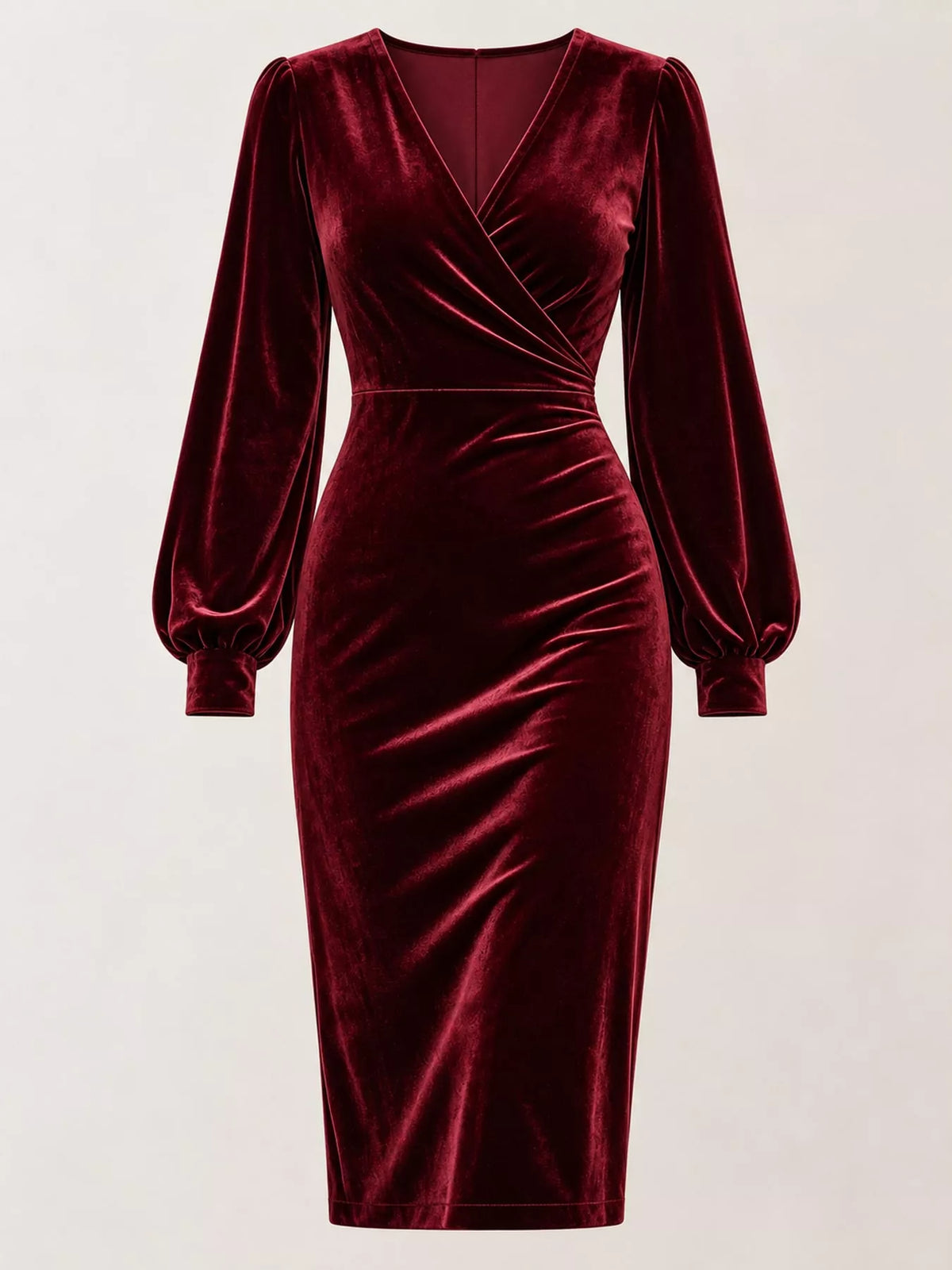 Long-Sleeve Velvet Wrap Dress with Ruched Bodycon Fit