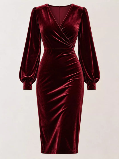 Long-Sleeve Velvet Wrap Dress with Ruched Bodycon Fit