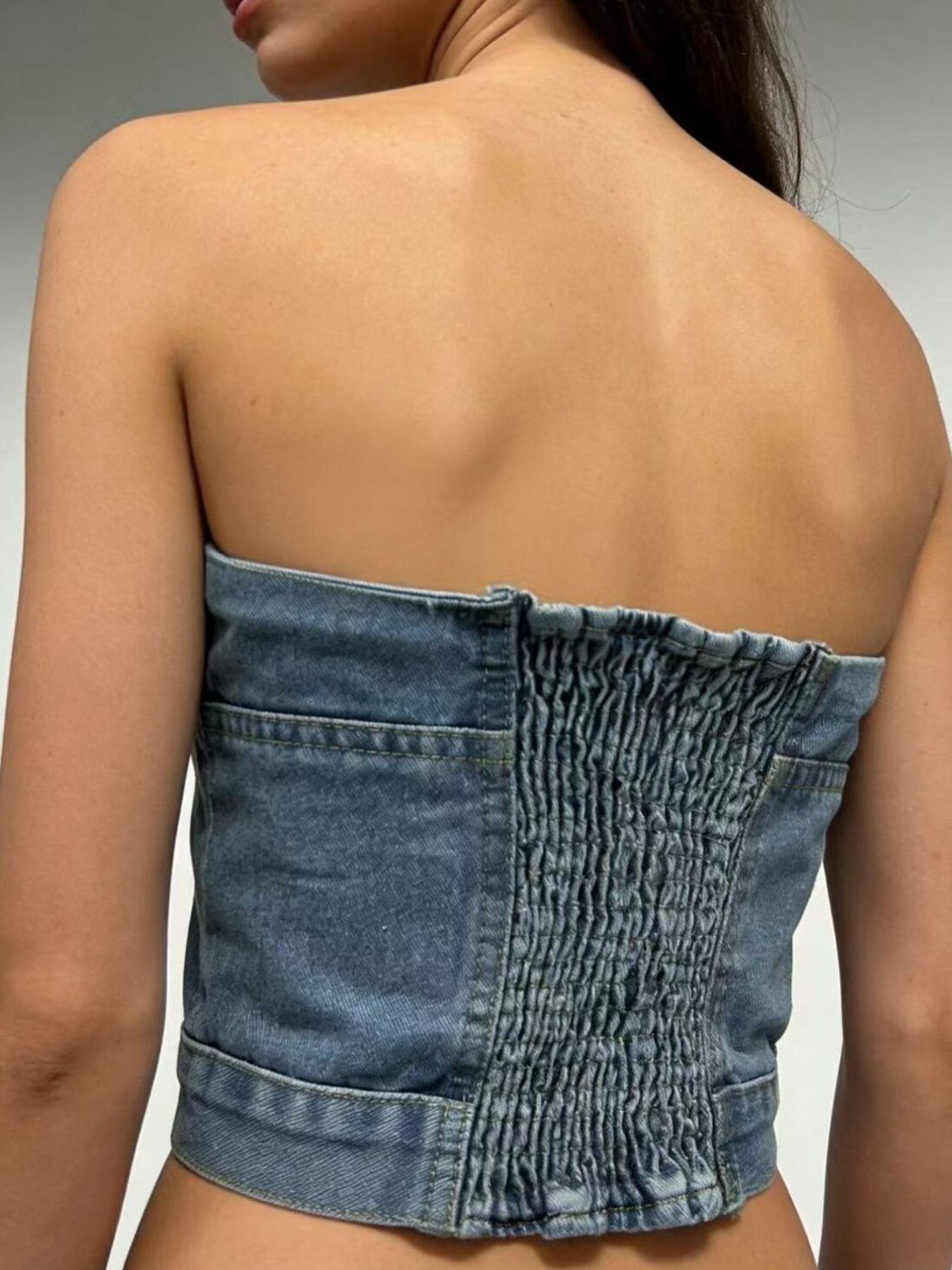 Button-Front Denim Tube Top - Tops