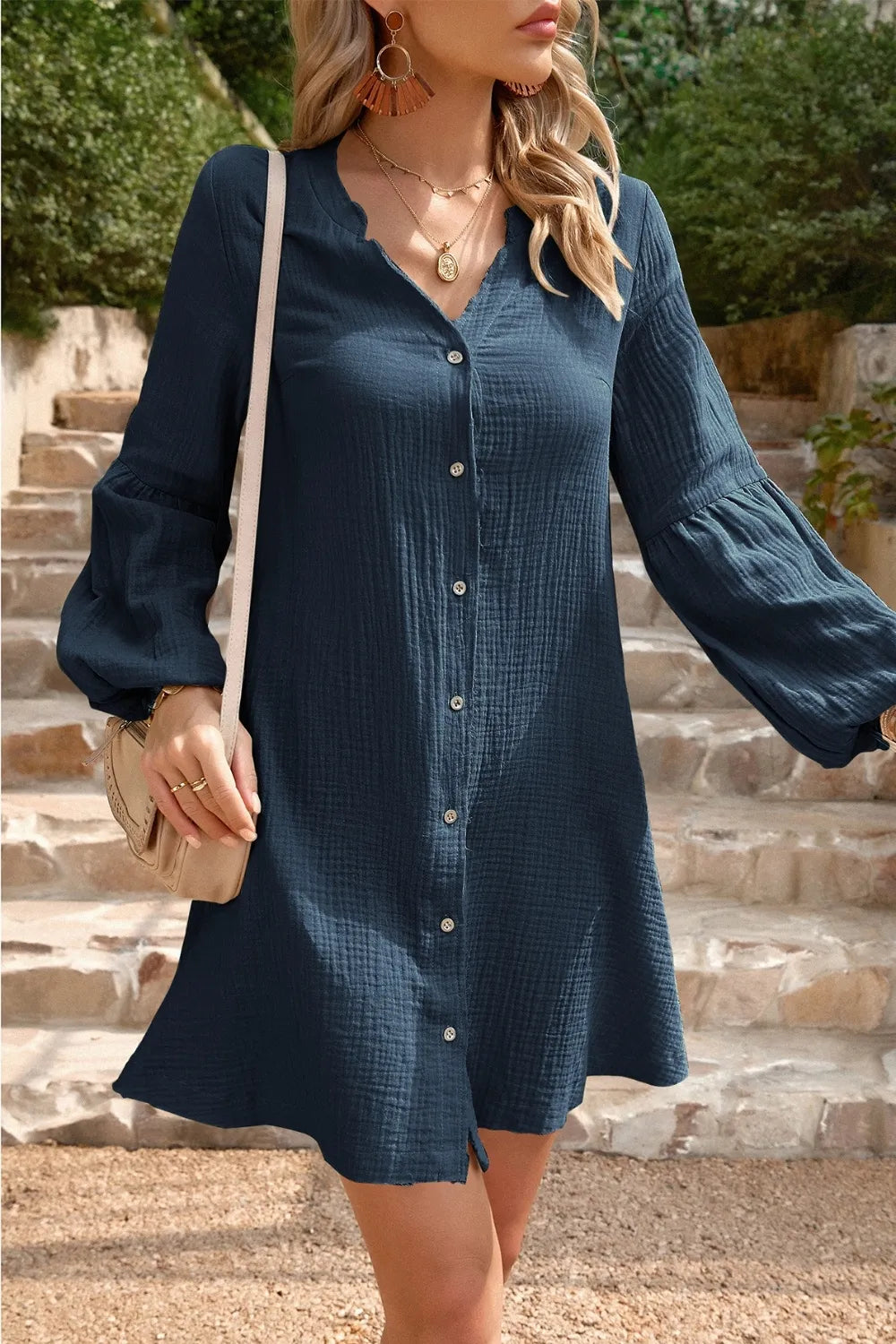 V Neck Button Up Balloon Sleeve Mini Dress - Mini Dresses