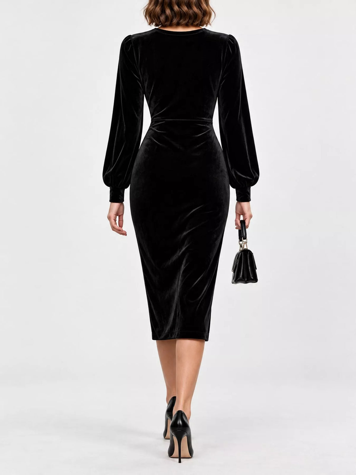 Long-Sleeve Velvet Wrap Dress with Ruched Bodycon Fit