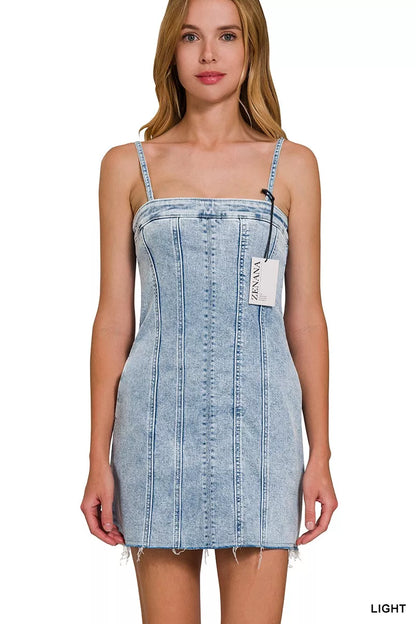 Spaghetti Strap Exposed Seam Light-Wash Mini Dress | Trendy Mini Dresses Outfit Idea for Women by Ro + Ivy | Elevated Basics, Modern Comfort & Style