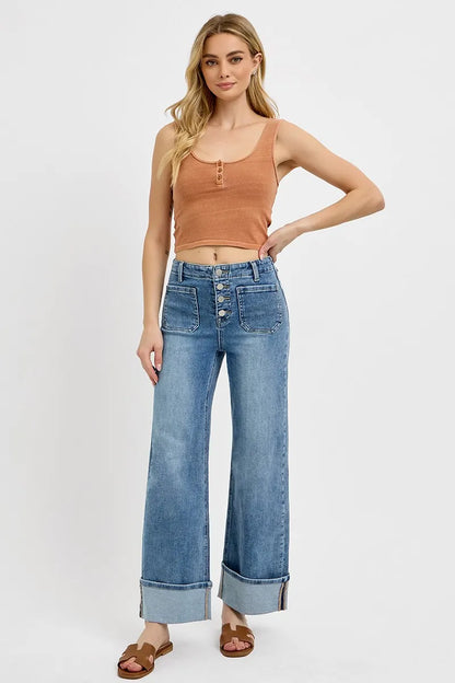 High Rise Ankle Cuffed Wide Leg Front Pocket Jeans | Trendy Jeans Outfit Idea for Women by Ro + Ivy | Elevated Basics, Modern Comfort & Style