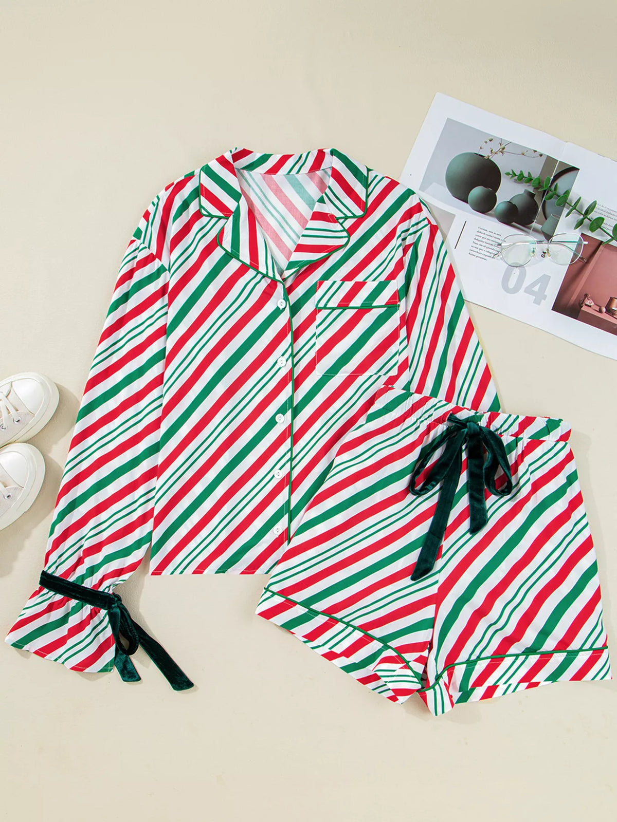 Striped Christmas Pajama Set with Velvet Ribbon Knots and Button-Front Top