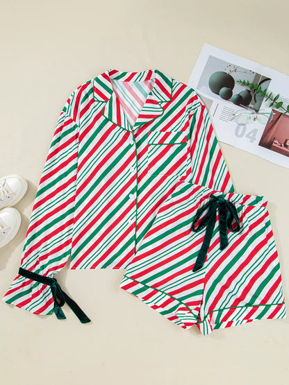 Striped Christmas Pajama Set with Velvet Ribbon Knots and Button-Front Top