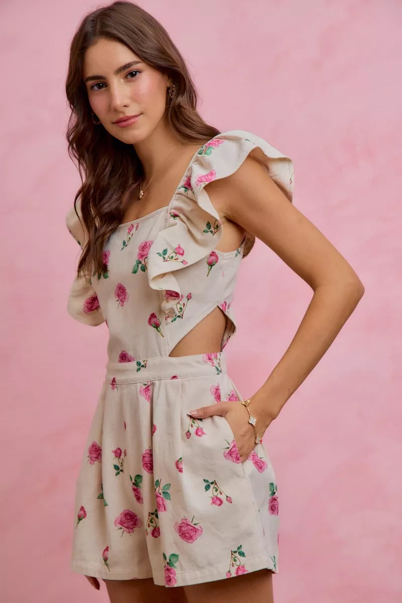 Floral Print Denim Cut-Out Waist Ruffled Romper — Playful Feminine Casual Sunny Style - Rompers