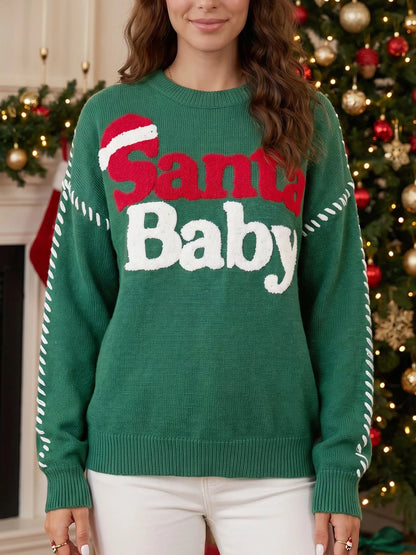 Santa Baby Embroidered Christmas Pullover Sweater Dark Green