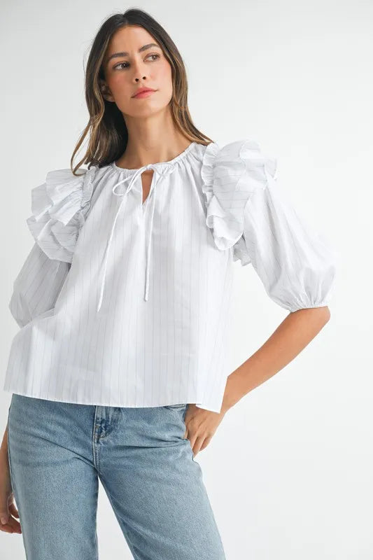 Stripe Ruffle Shoulder Puff Sleeve Blouse – Off White outfit idea for women | Ro + Ivy