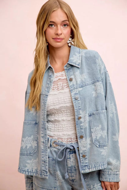 Women's Printed Washed Denim Jacket with Pocket - Jackets