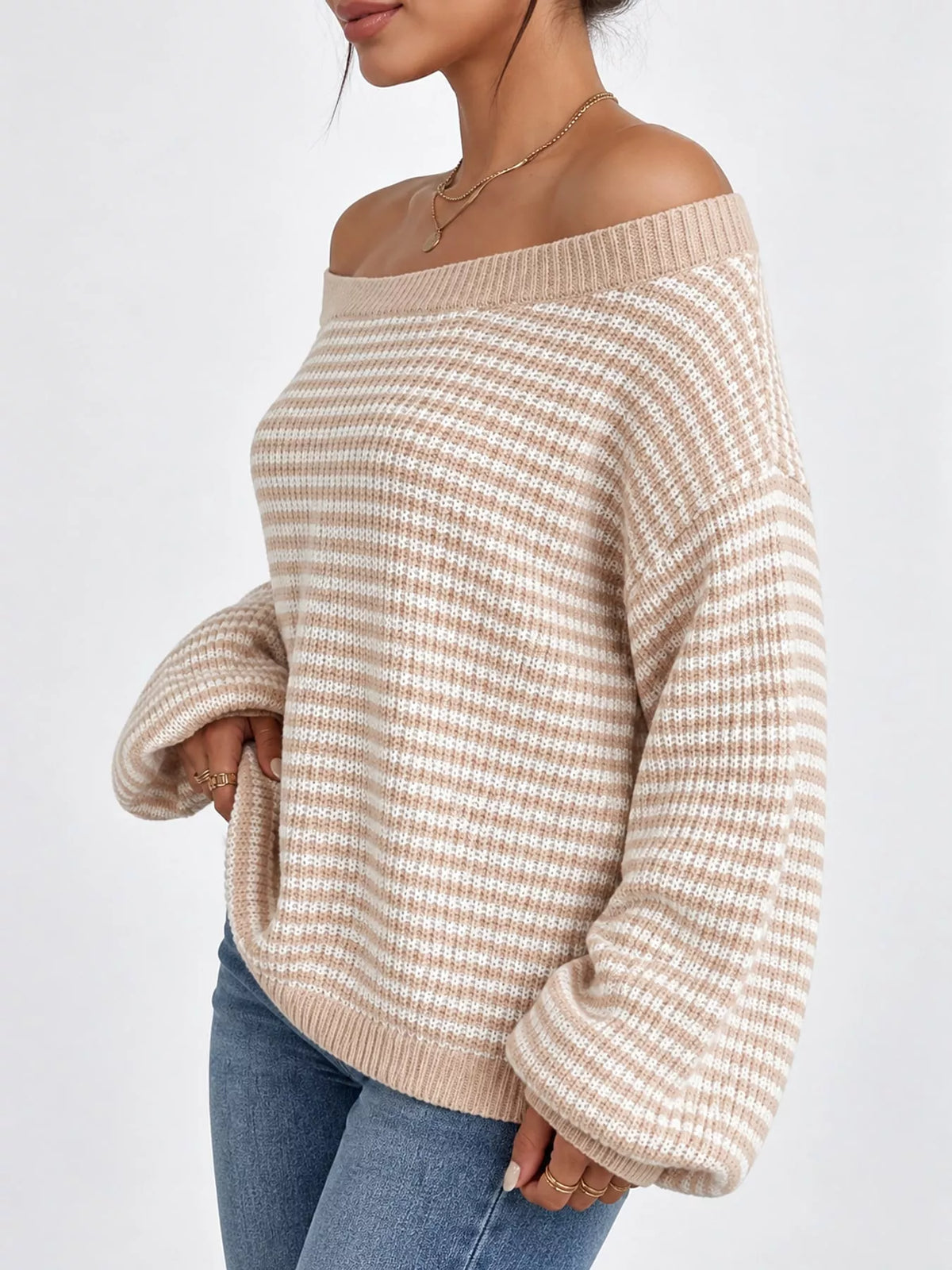 Oversized Striped Ribbed Knit Sweater with Boat Neck