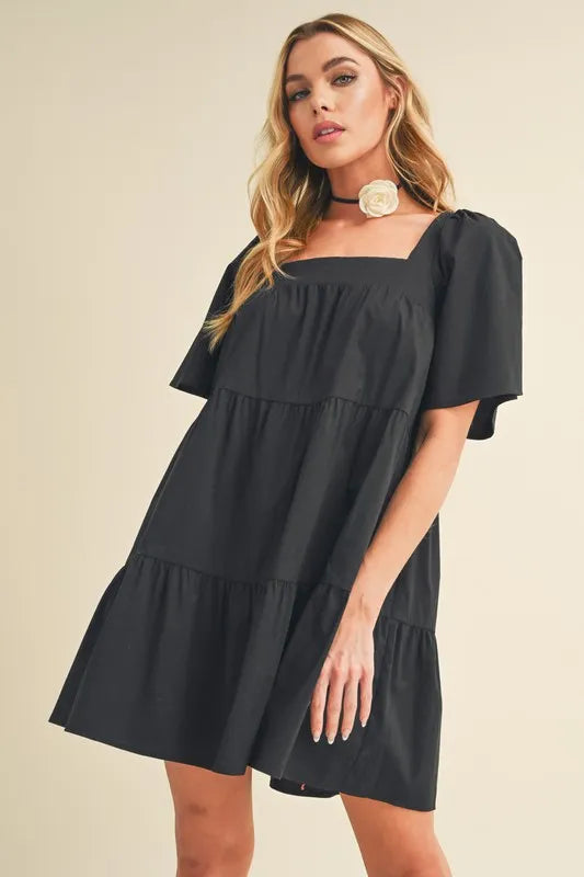 Square Neck Short Sleeve Tiered Mini Dress | Trendy Mini Dresses Outfit Idea for Women by Ro + Ivy | Elevated Basics, Modern Comfort & Style