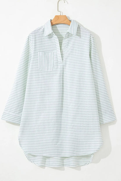 Striped Johnny Collar Long Sleeve Mini Shirt Dress - Mini Dresses