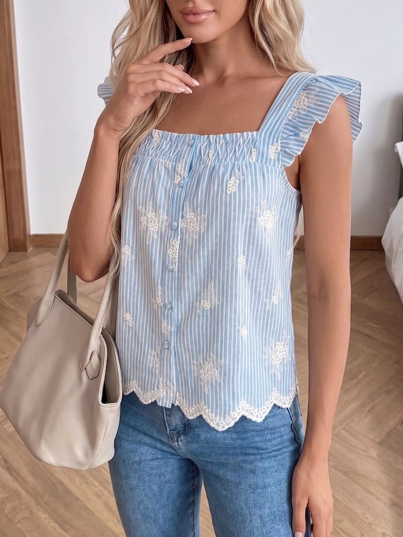 Women's Striped Embroidered Ruffle Sleeve Blouse - Blouses