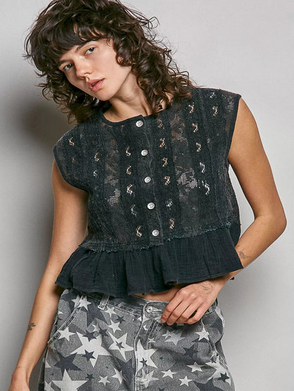 Round Neck Lace Sleeveless Top with Double Gauze Ruffle - Tank Tops