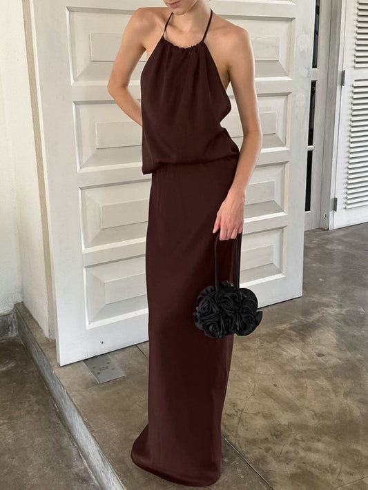 Women's Backless Halter Neck Maxi Dress Brown