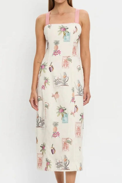 Women's Printed Square Neck Summer Midi Dress - Midi Dresses
