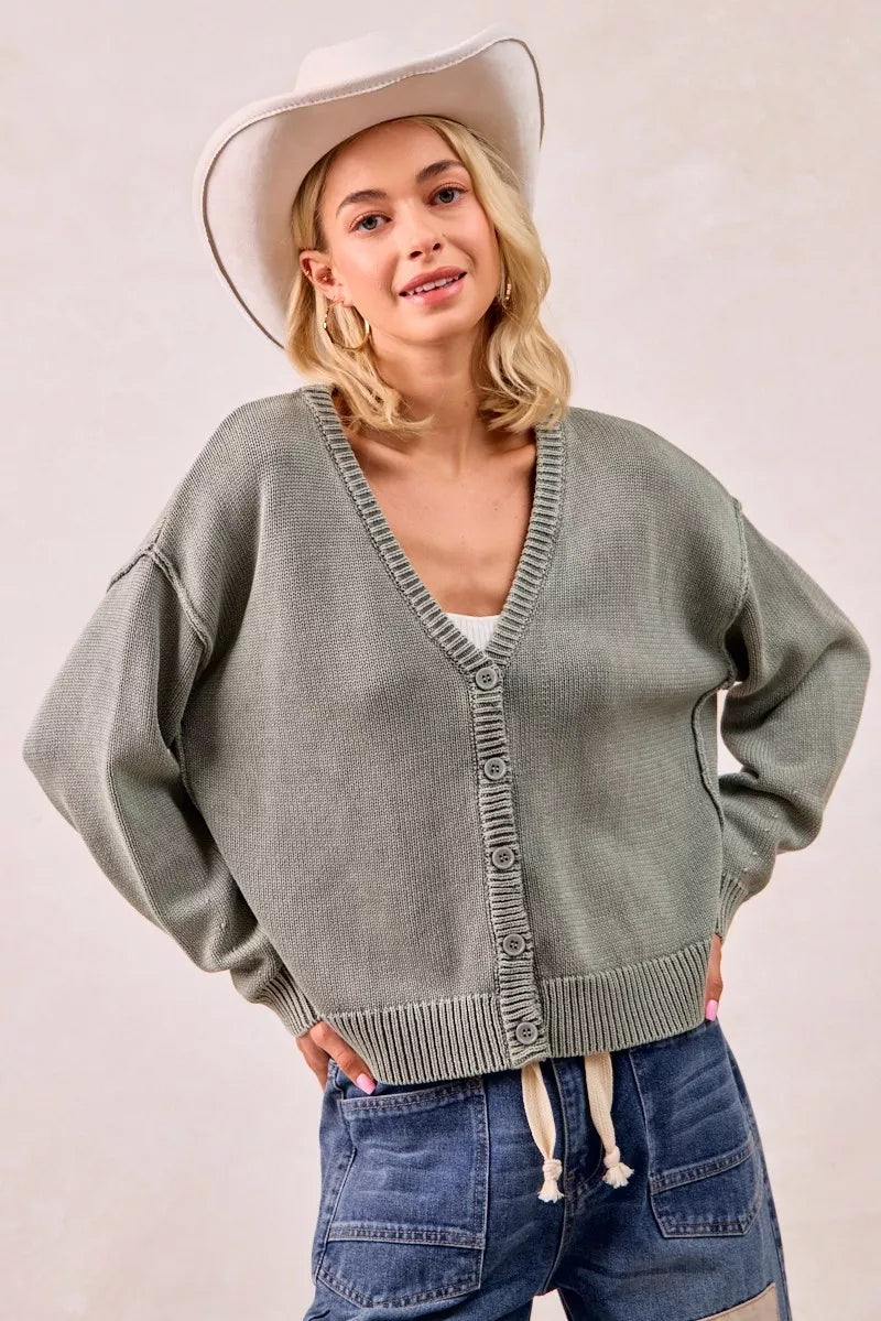 VINTAGE OLIVE Vintage Washed V Neck Cardigan | Trendy Cardigans Outfit Idea for Women by Ro + Ivy | Elevated Basics, Modern Comfort & Style