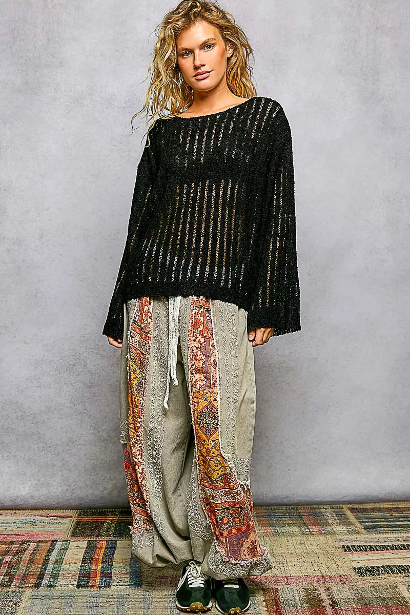 Round Neck Long Sleeve Open Weave Pullover Sweater — Breathable Textured Casual Everyday Style - Sweaters