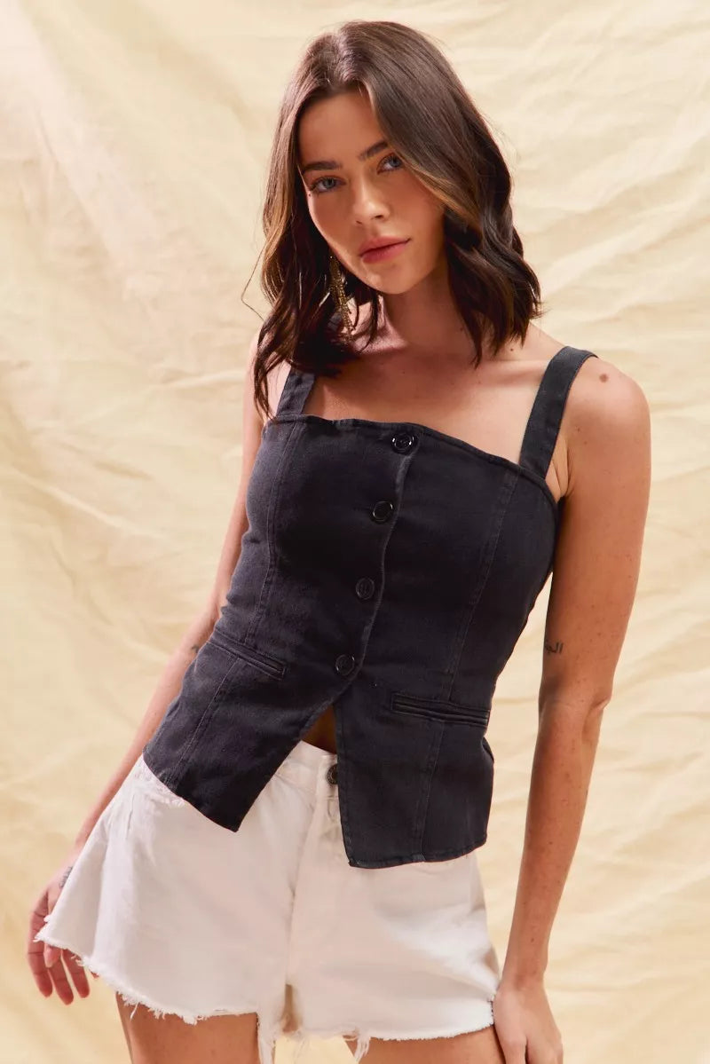 Button Down Sleeveless Game Day Fitted Denim Top - Tops
