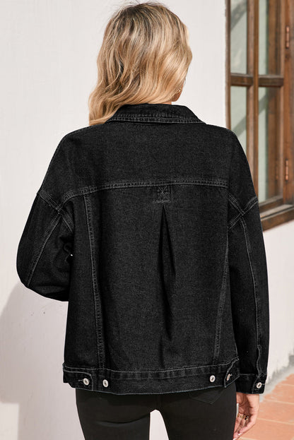 Striped Washed Denim Chest Pocket Oversized Vintage Jacket — Laid-Back Casual Style - Outerwear/Denim jackets