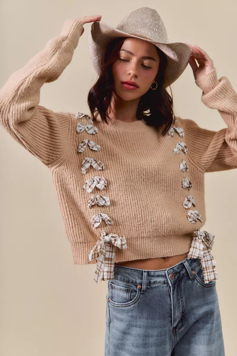 Checkered Plaid Tape Lace Up Ribbed Sweater - Sweaters
