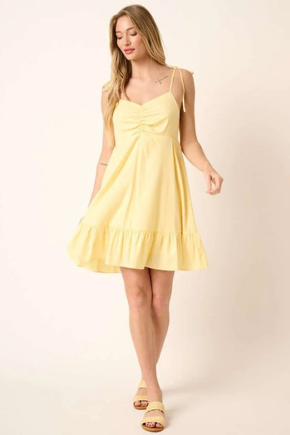 Ruched Spaghetti Strap Cotton Mini Dress - Mini Dresses